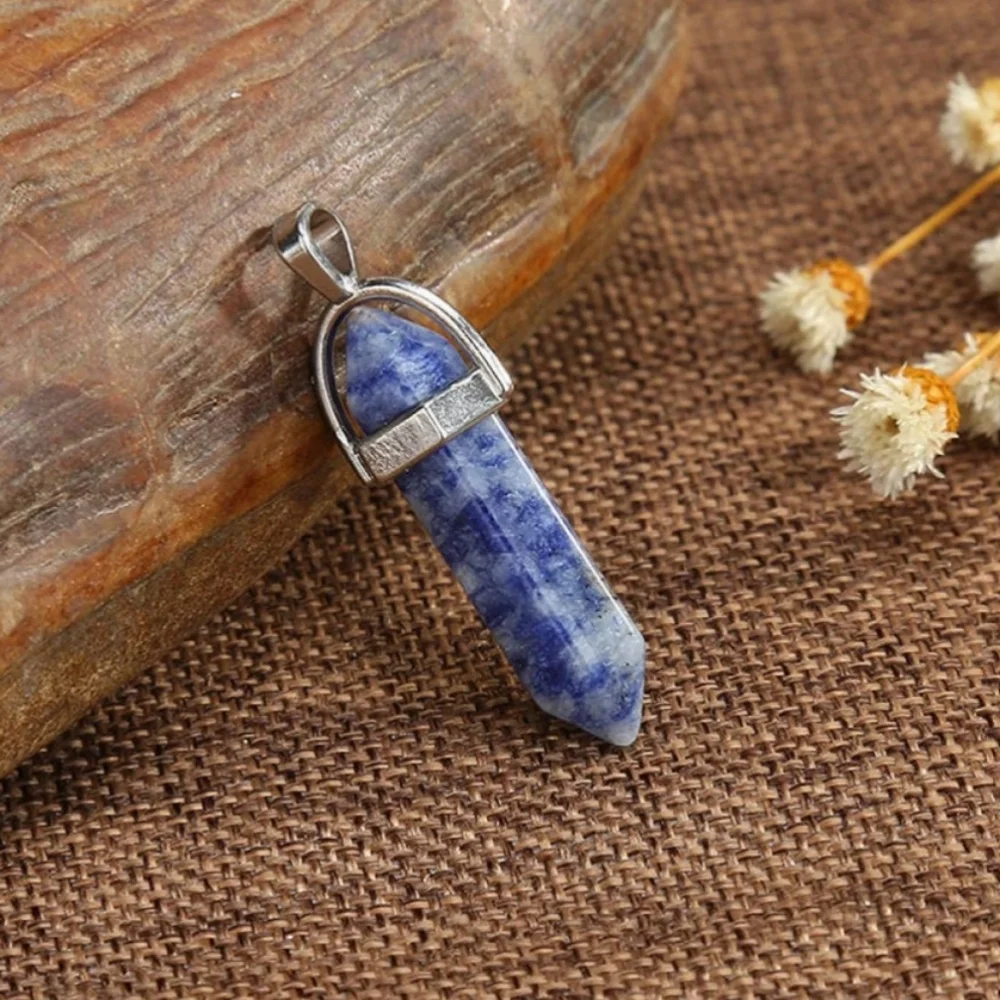 BLUE SODALITE DOUBLE POINT STONE CHAKRA PENDANT NECKLACE HEXAGON W/CORD ☆